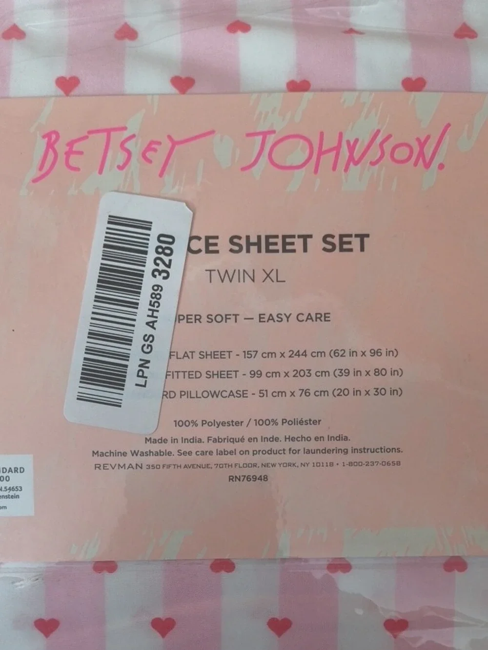 Betsey Johnson Wonderland Pink Heart Stripe Twin XL Sheet Set
